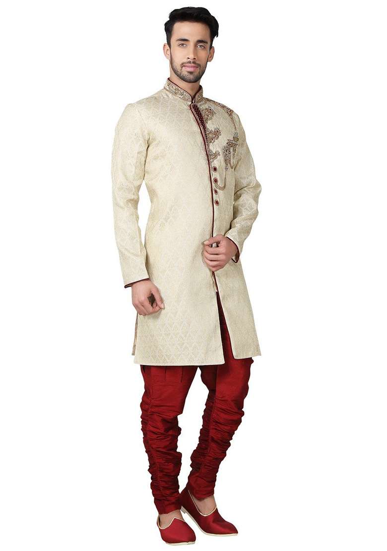 Fawn Yellow Embroidered Silk Blend Kurta Set For Men - Indya