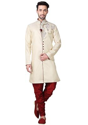 Fawn Yellow Embroidered Silk Kurta Set For Men