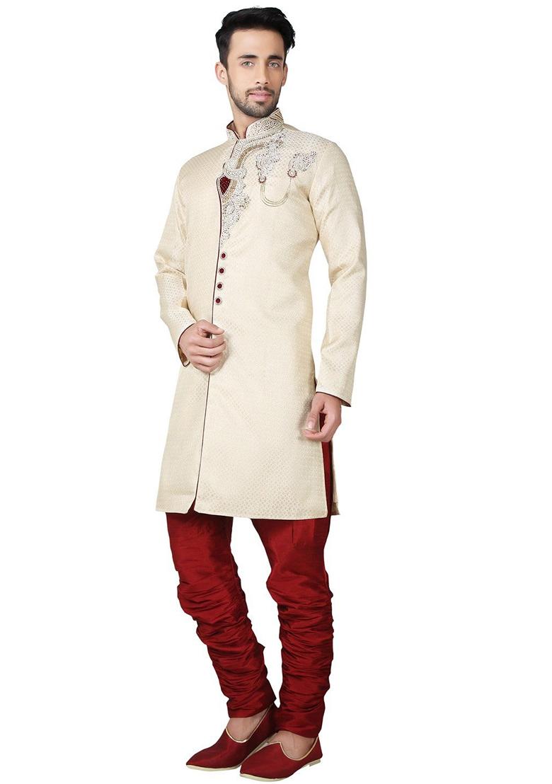 Fawn Yellow Embroidered Silk Kurta Set For Men