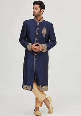 Navy Blue Embroidered Silk Sherwani for Men