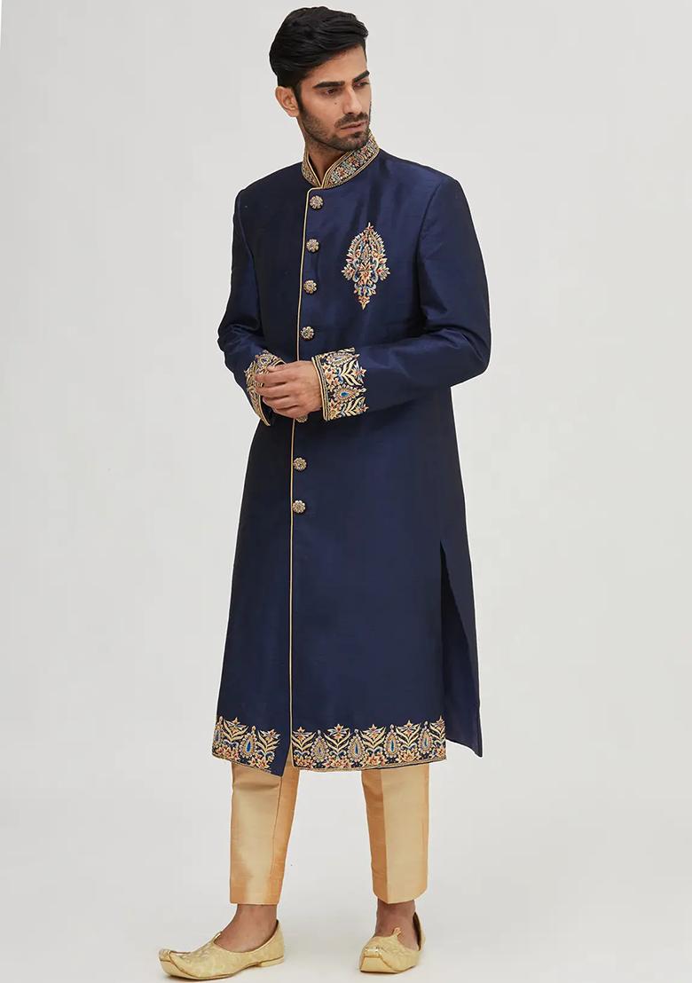 Navy Blue Embroidered Silk Sherwani for Men