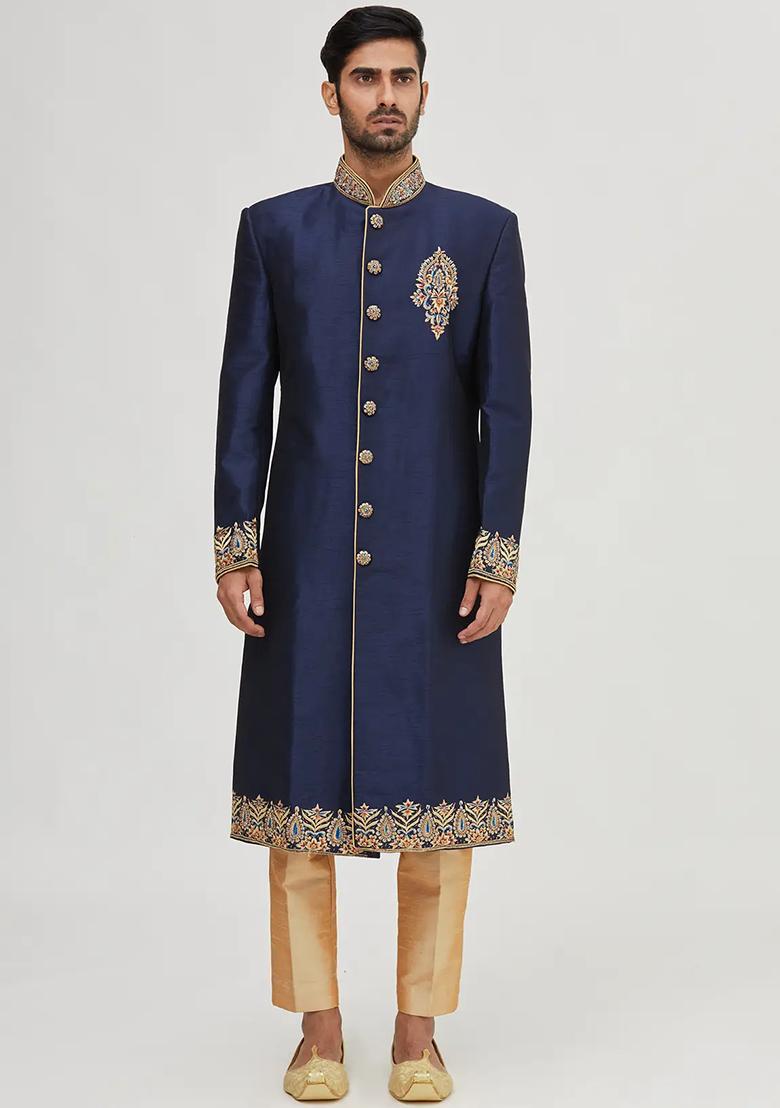 Navy Blue Embroidered Silk Sherwani for Men