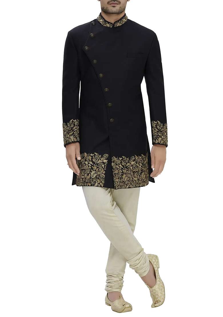 Black Embroidered Silk Blend Sherwani for Men - Indya
