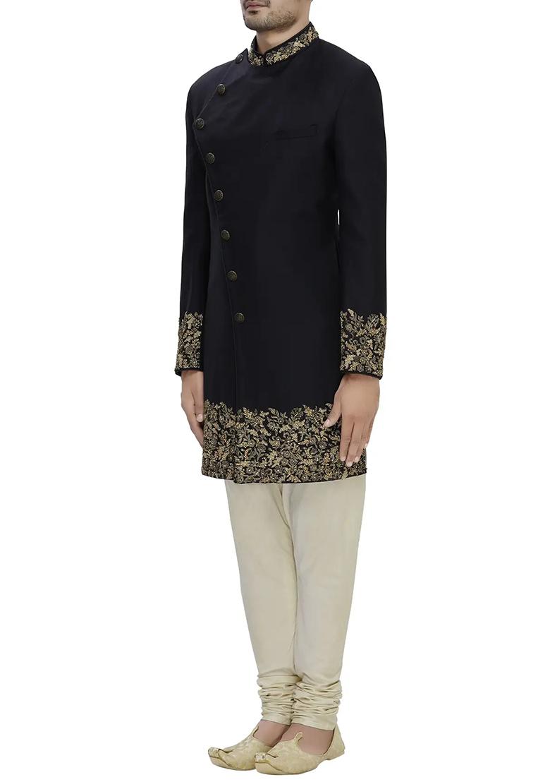 Black Embroidered Silk Sherwani for Men