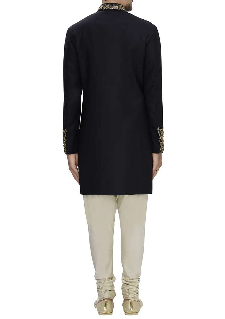 Black Embroidered Silk Blend Sherwani for Men - Indya