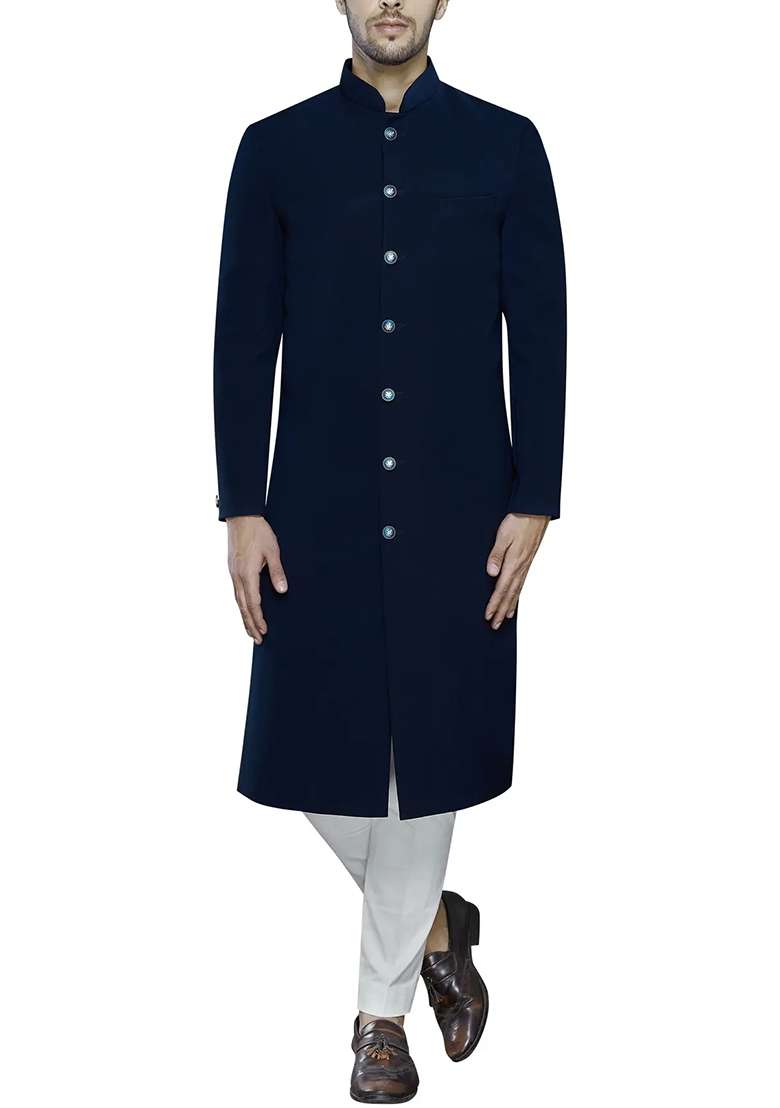 Black Solid Cotton Sherwani for Men - Indya