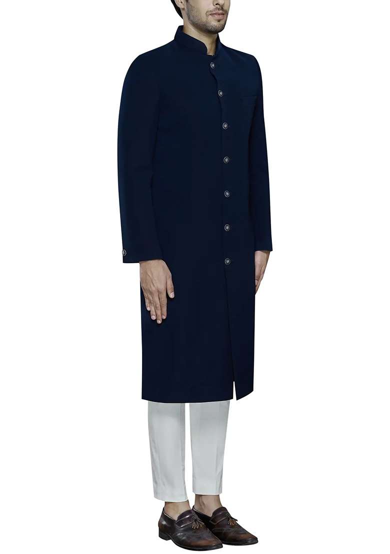 Black Solid Cotton Sherwani for Men - Indya