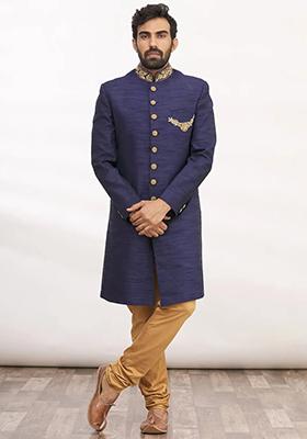 Navy Blue Embroidered Silk Sherwani for Men