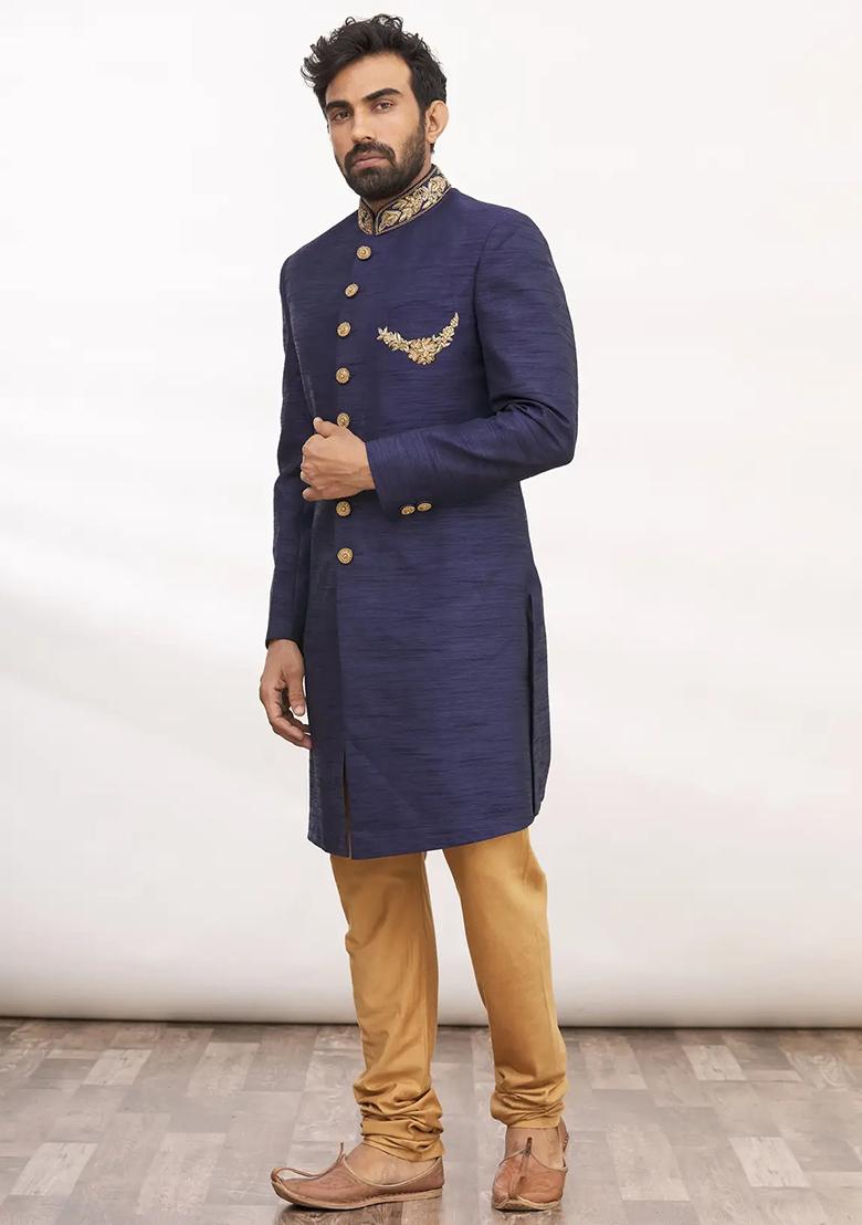 Navy Blue Embroidered Silk Sherwani for Men
