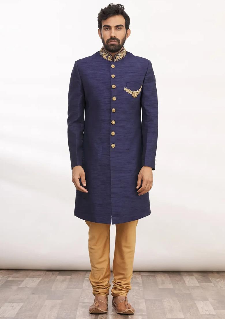 Navy Blue Embroidered Silk Sherwani for Men