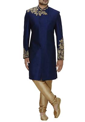 Navy Blue Embroidered Silk Sherwani for Men