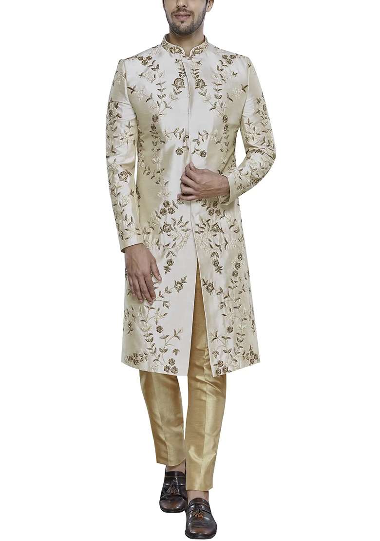 Light Fawn Yellow Embroidered Silk Blend Sherwani for Men - Indya