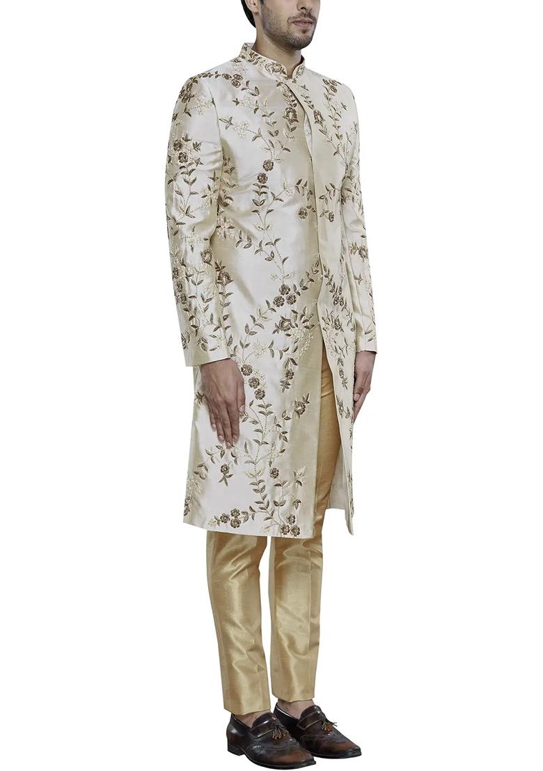 Light Fawn Yellow Embroidered Silk Sherwani for Men