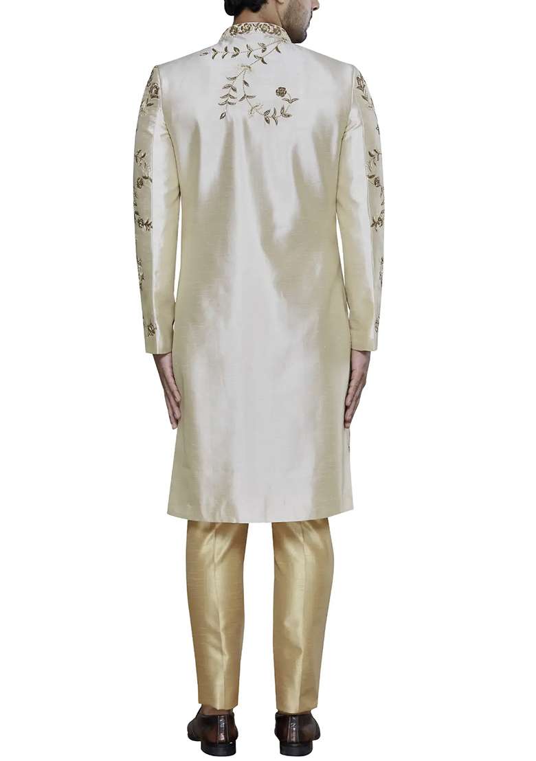 Light Fawn Yellow Embroidered Silk Blend Sherwani for Men - Indya