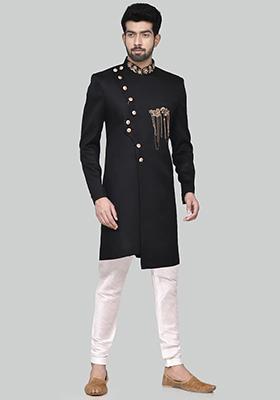 Black Embroidered Silk Sherwani for Men
