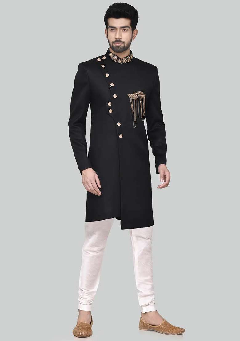 Black Embroidered Silk Blend Sherwani for Men - Indya