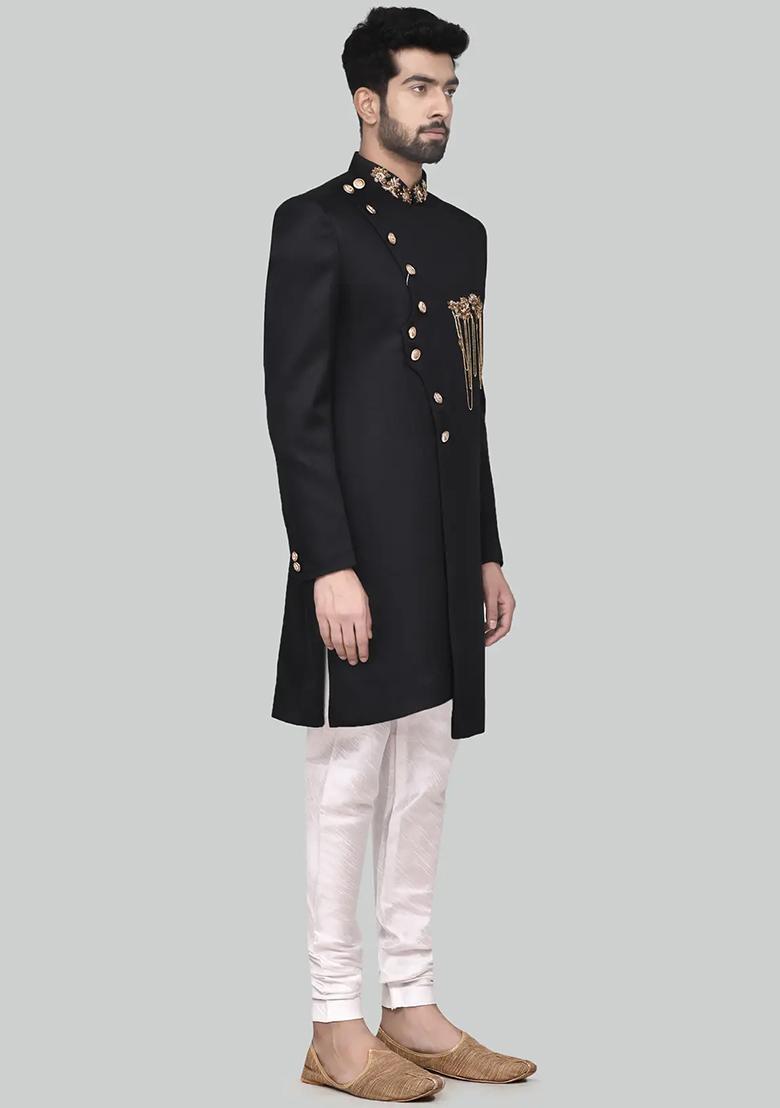 Black Embroidered Silk Sherwani for Men