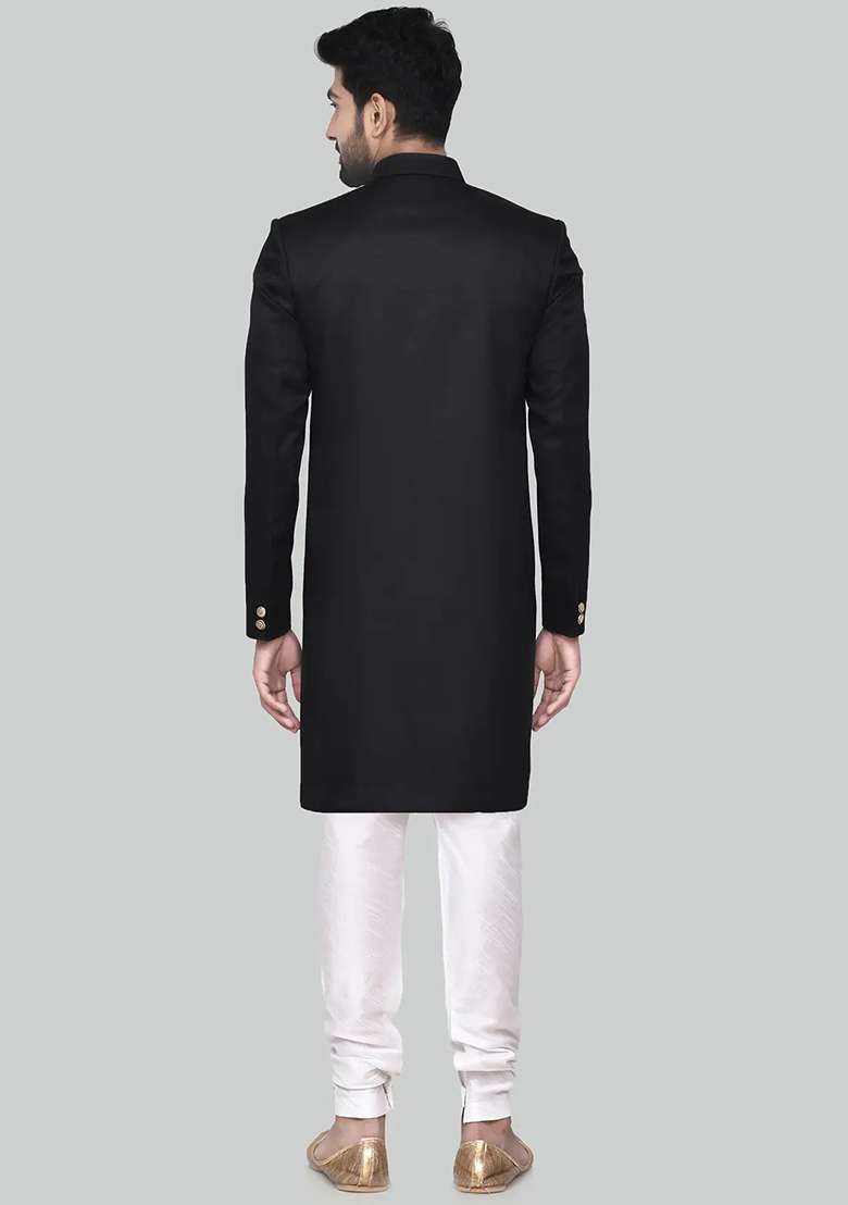 Black Embroidered Silk Blend Sherwani for Men - Indya