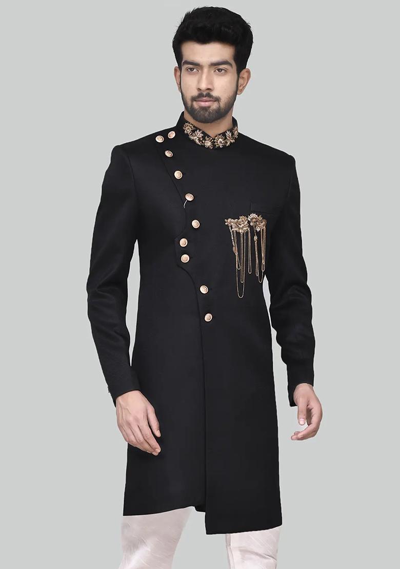 Black Embroidered Silk Sherwani for Men