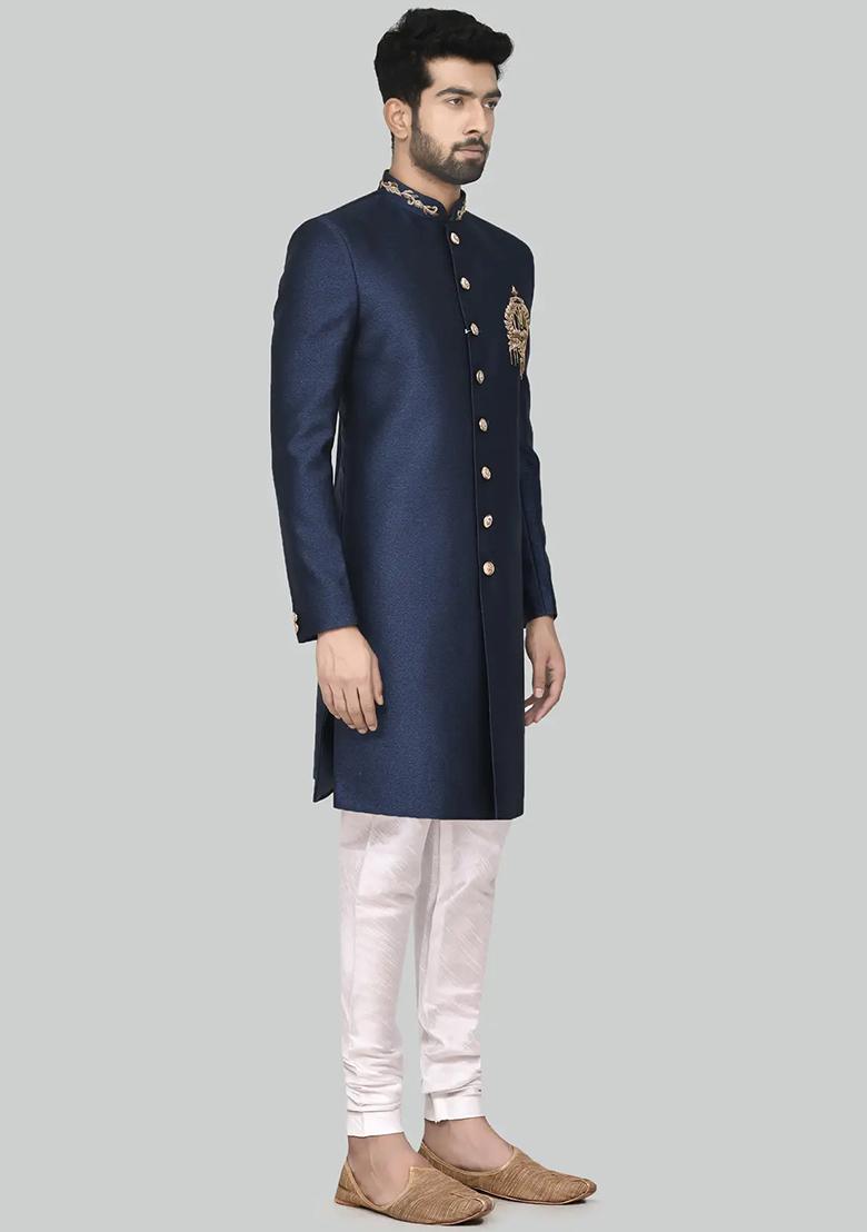 Navy Blue Embroidered Silk Sherwani for Men