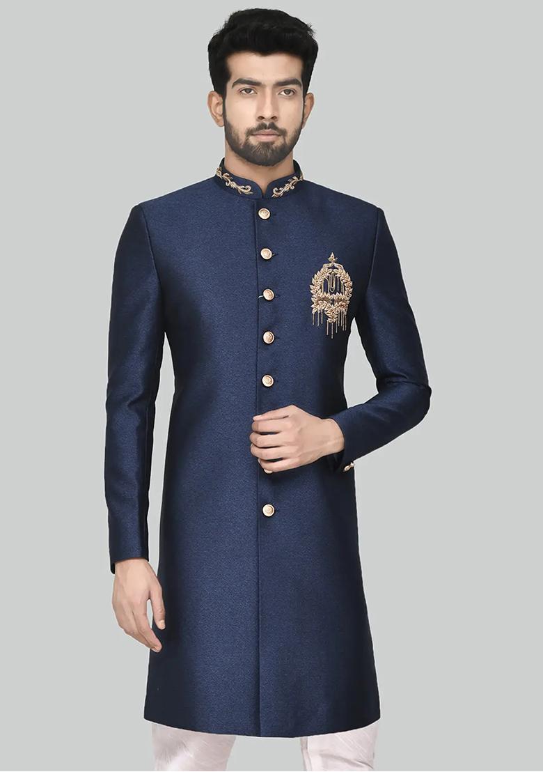 Navy Blue Embroidered Silk Sherwani for Men