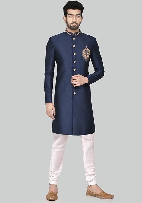 Navy Blue Embroidered Silk Sherwani for Men