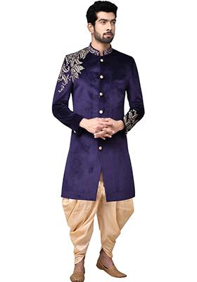 Navy Blue Embroidered Silk Sherwani for Men