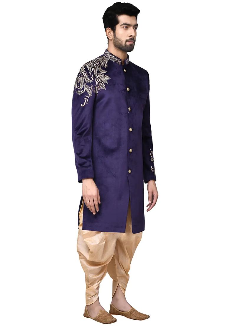 Navy Blue Embroidered Silk Sherwani for Men