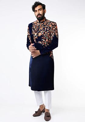 Navy Blue Embroidered Silk Sherwani for Men