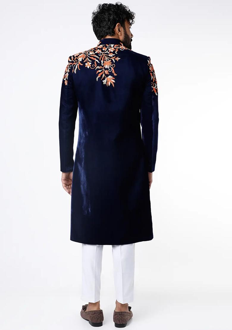 Navy Blue Embroidered Silk Sherwani for Men