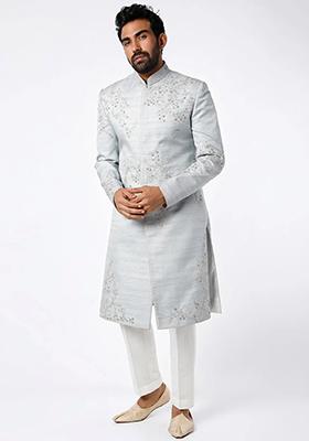 Light Grey Embroidered Silk Sherwani for Men