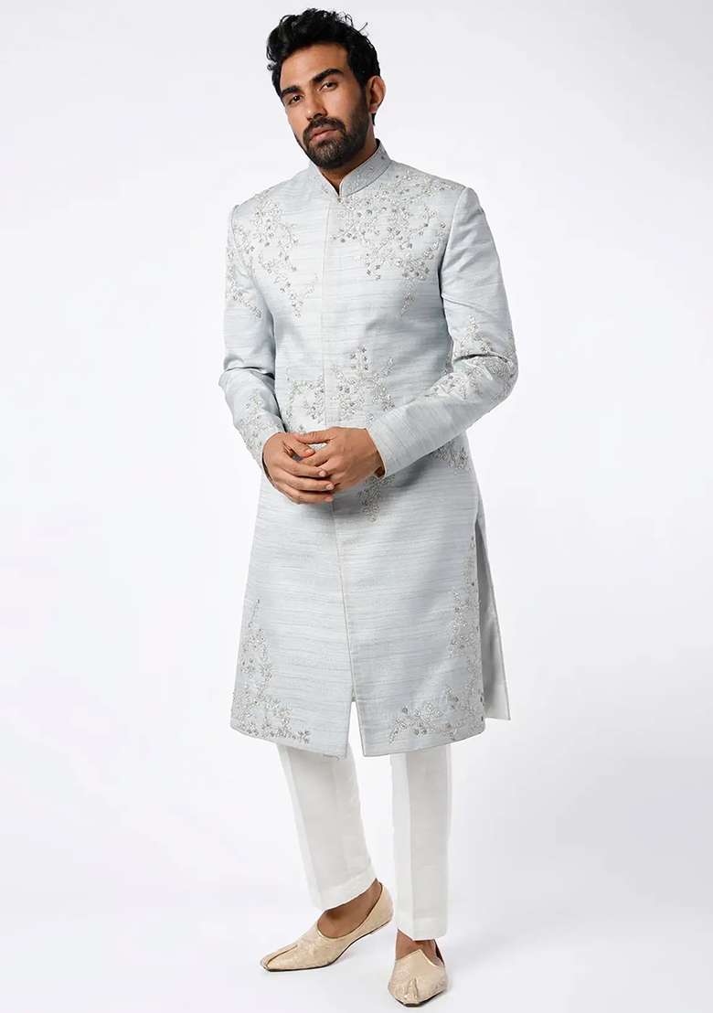 Light Grey Embroidered Silk Blend Sherwani for Men - Indya