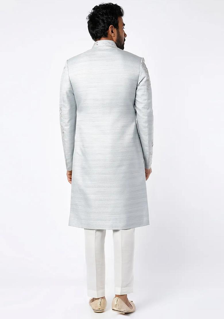 Light Grey Embroidered Silk Sherwani for Men
