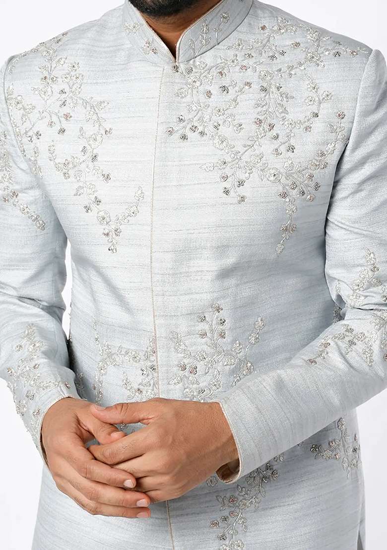 Light Grey Embroidered Silk Blend Sherwani for Men - Indya