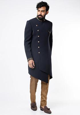 Navy Blue Embroidered Silk Sherwani for Men