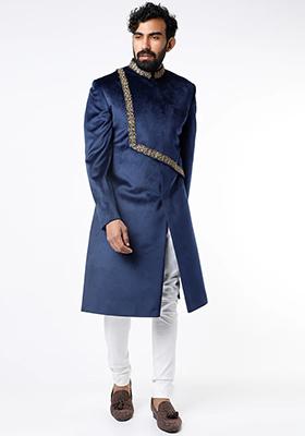 Navy Blue Embroidered Silk Sherwani for Men