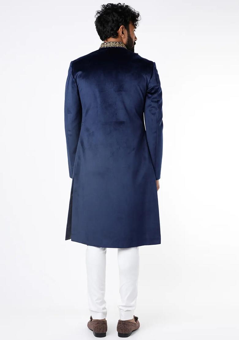 Navy Blue Embroidered Silk Sherwani for Men