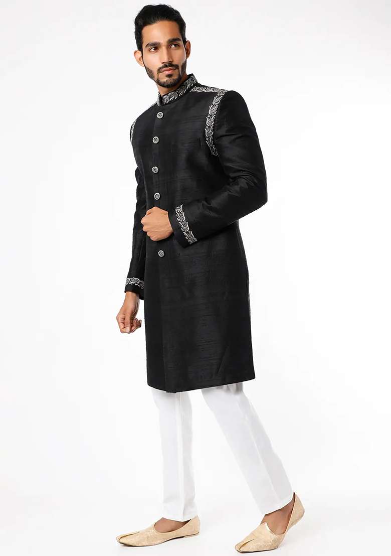 Black Embroidered Silk Blend Sherwani for Men - Indya