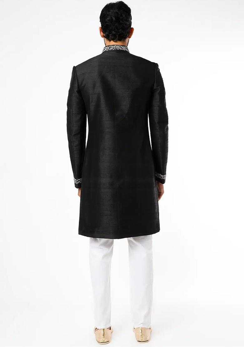 Black Embroidered Silk Sherwani for Men