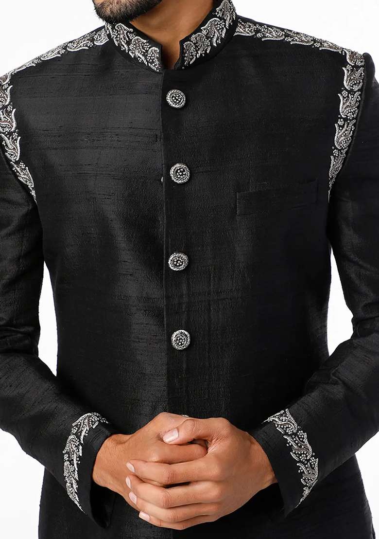 Black Embroidered Silk Blend Sherwani for Men - Indya
