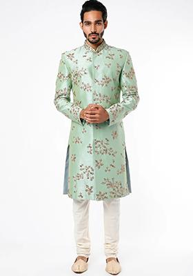 Pista Green Embroidered Silk Sherwani for Men