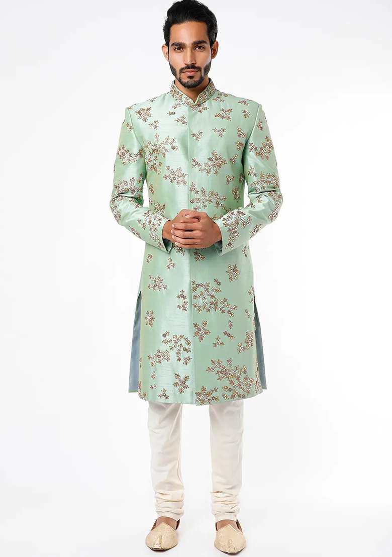 Pista Green Embroidered Silk Blend Sherwani for Men - Indya