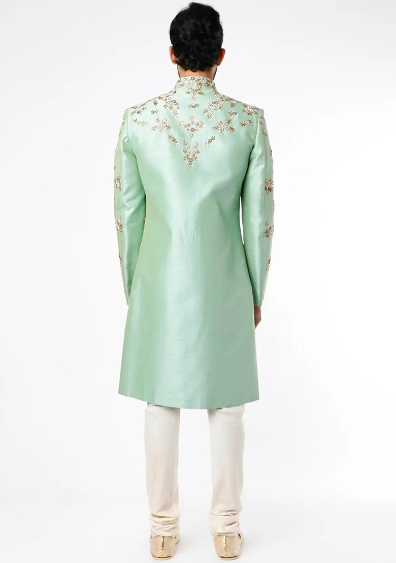 Pista Green Embroidered Silk Sherwani for Men