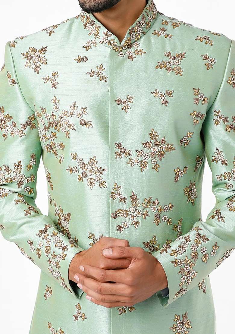 Pista Green Embroidered Silk Blend Sherwani for Men - Indya
