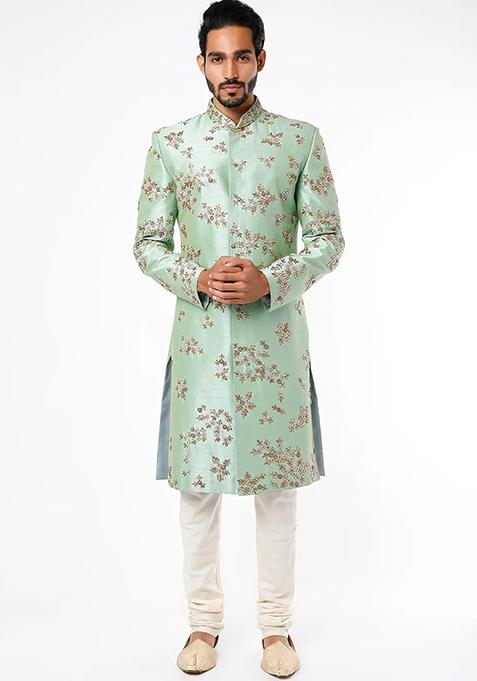 Pista Green Embroidered Silk Sherwani for Men