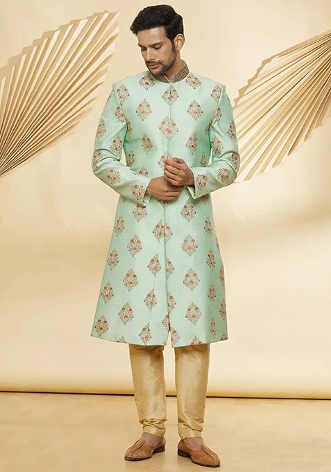 Pista Green Embroidered Silk Sherwani for Men