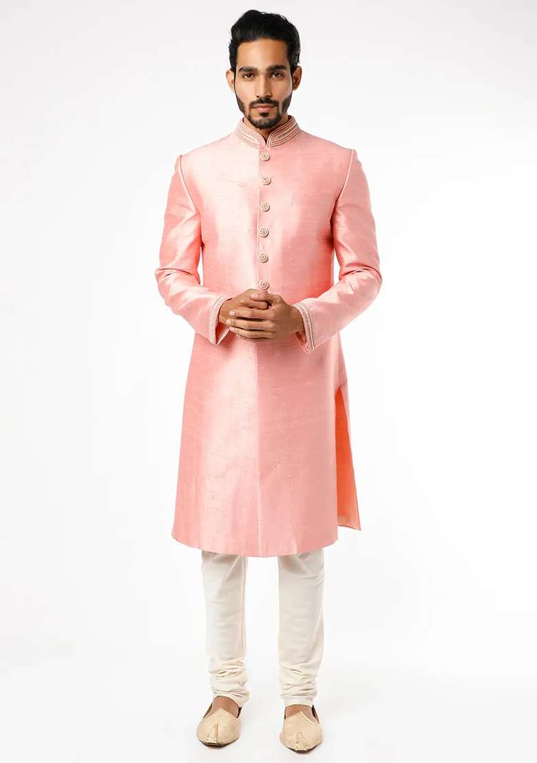 Pink Embroidered Silk Blend Sherwani for Men - Indya
