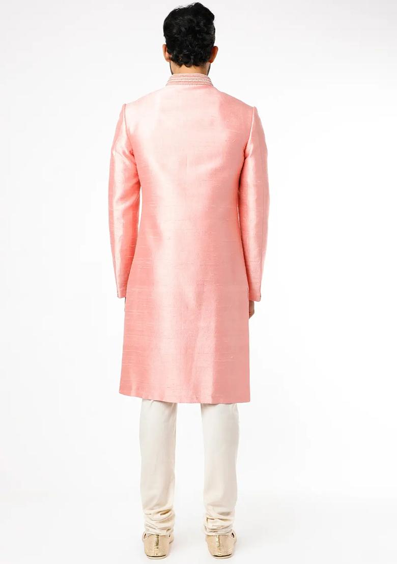 Pink Embroidered Silk Sherwani for Men