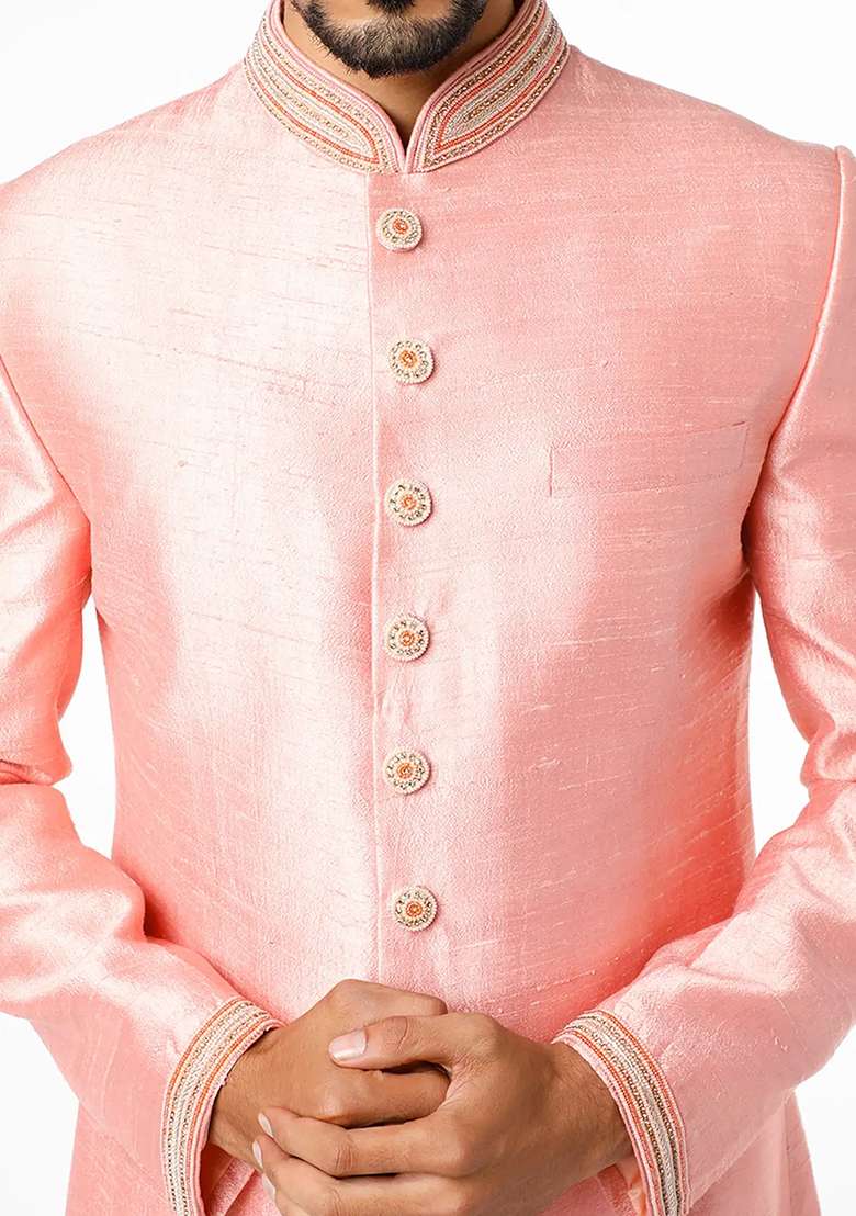 Pink Embroidered Silk Blend Sherwani for Men - Indya