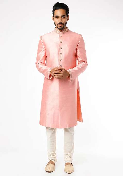 Pink Embroidered Silk Blend Sherwani for Men